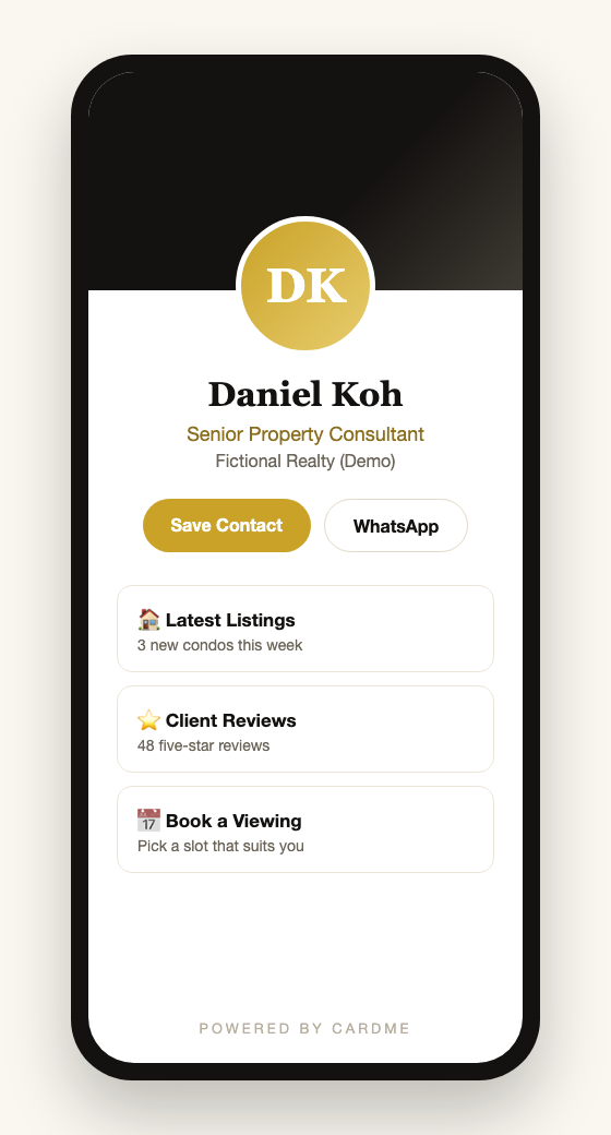 Example digital business card profile for a Singapore real estate agent, showing listings link, client reviews and viewing booking button