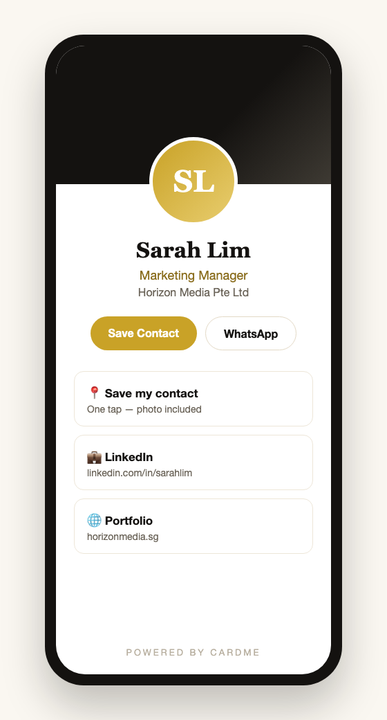 Example CardMe digital name card profile as seen on a phone, with save contact and WhatsApp buttons and professional links